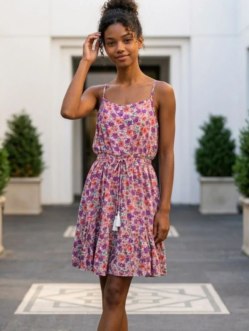 Big Girls Rare Editions Sleeveless Floral Print Skater Dress Keyhole Tassel Tie